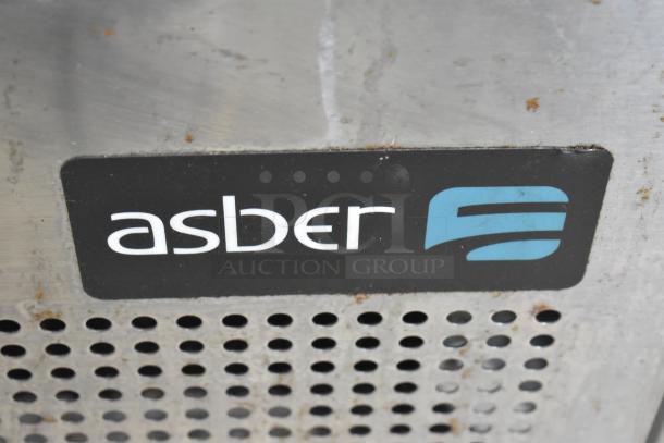 2019 Asber APTP46 Commercial Pizza Prep Table, logo detail shown, stainless steel, on commercial casters, 115V, 1 phase.