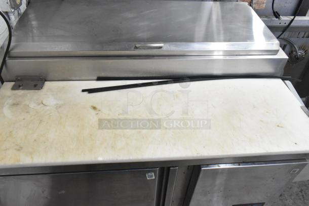 2019 Asber APTP46 pizza prep table with commercial casters. Stainless steel, 115V, 1 Phase. Used condition, visible marks.