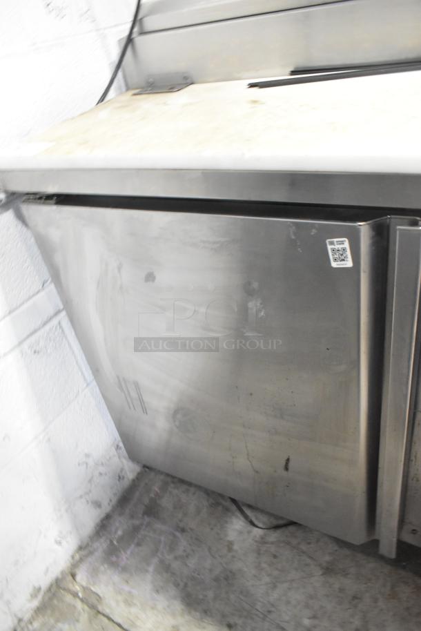 2019 Asber APTP46 commercial pizza prep table on casters, stainless steel, 115 volts, 1 phase, visible wear, QR code label.