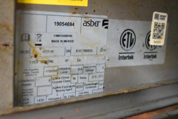 2019 Asber Model APTP46 pizza prep table, commercial casters, 115V 1 phase, label showing specs, used condition.