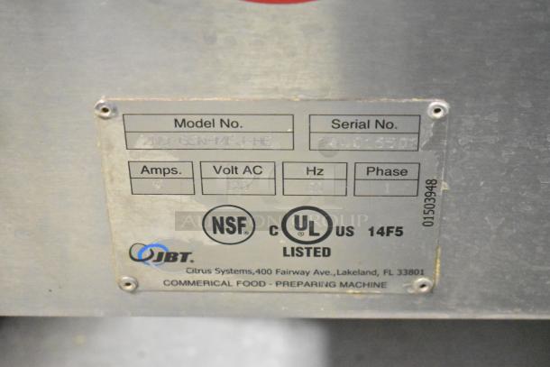 JBT 2ND-GEN-MFJ-HE Citrus Juicer label. Shows model, serial number, electrical specs, NSF and UL listed.
