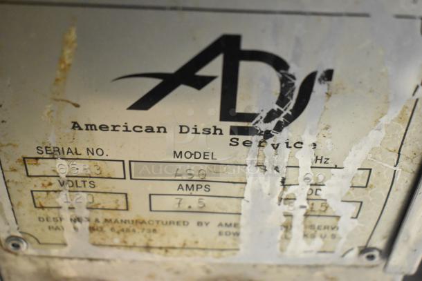 American Dish Service ADS ASO commercial glass washer label, showing 120 volts, 1 phase, with serial number 6583.