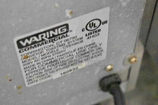 Waring CTS1000B Countertop Conveyor Toaster Oven label, 208V, 1 Phase, commercial use, UL listed.