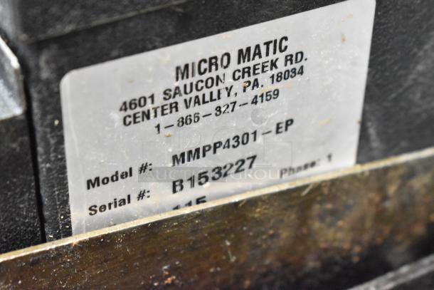 Micro Matic MMPP4301-EP glycol chiller label showing model, serial number B153227, 115 volts, 1 phase.
