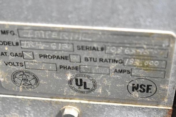 Label of Imperial IR4-G12 showing gas type, BTU rating, and safety certifications.