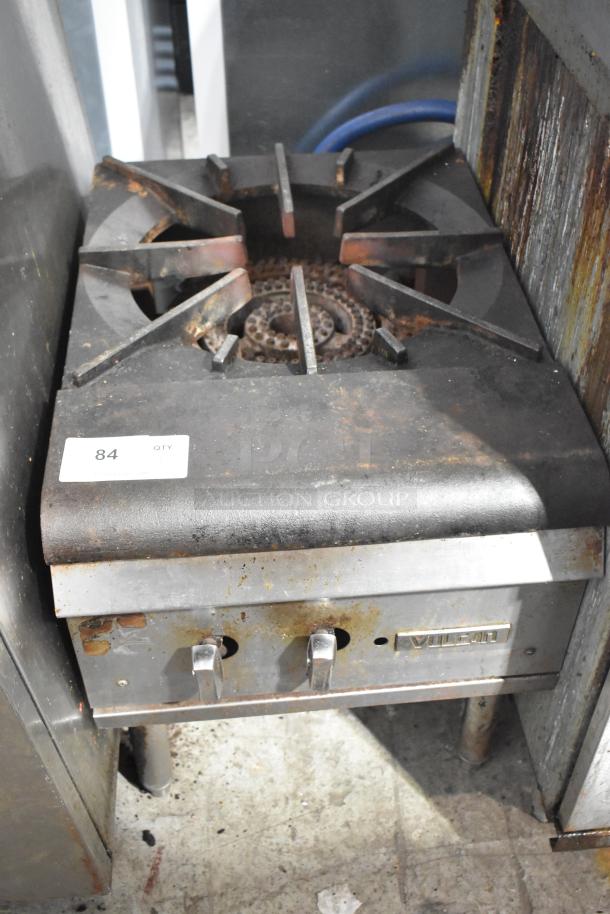 Vulcan Commercial Countertop Gas Single Burner Stock Pot Range, visible wear, metal construction, label with item number 84.