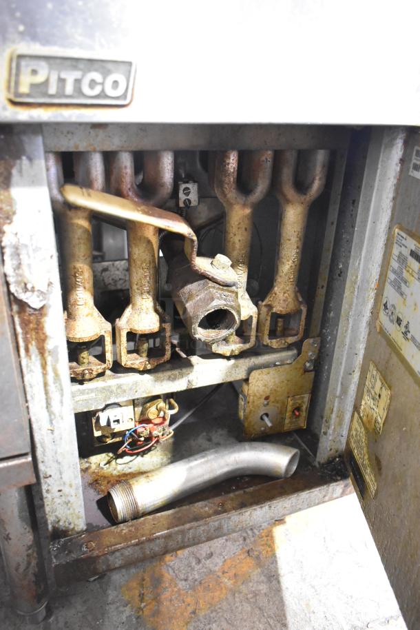 Pitco Frialator 45C commercial gas fryer, 122,000 BTU. Shows internal components with signs of use, rust, and wiring details.