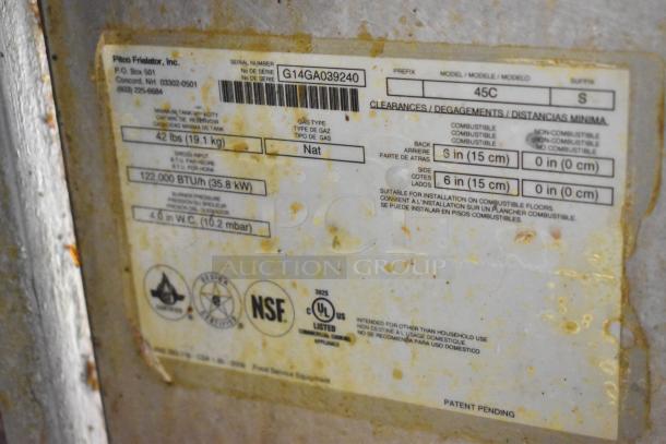 Pitco Frialator 45C fryer label showing model and specifications: 42 lbs capacity, 122,000 BTU, natural gas.