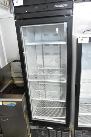 2019 Habco SE18 Commercial Single Door Reach-In Cooler with glass front, adjustable shelves, and visible model label.
