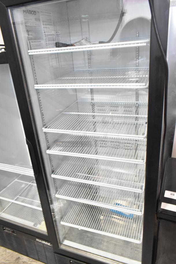 2019 Habco SE18HC single door cooler, commercial use, shelves visible, 115V, 1 phase, black exterior, good condition.