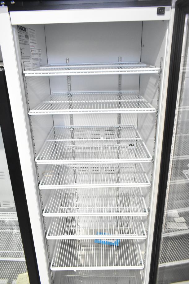 2019 Habco SE18HC single door reach-in merchandiser cooler, 115V, 1 phase, six wire shelves, interior labels visible.