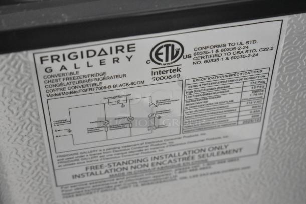 Frigidaire FGFRF7009-B-BLACK-6COM chest freezer label, detailing model, voltage, and certification information.