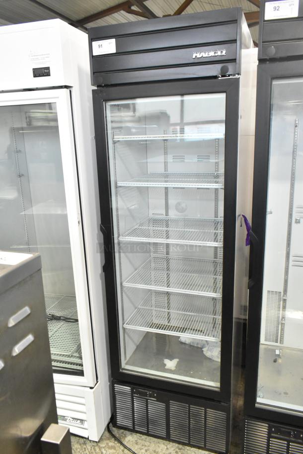 2019 Habco SE18 Commercial Single Door Reach In Cooler Merchandiser, 115 volts, 1 phase, with shelving, in good condition.
