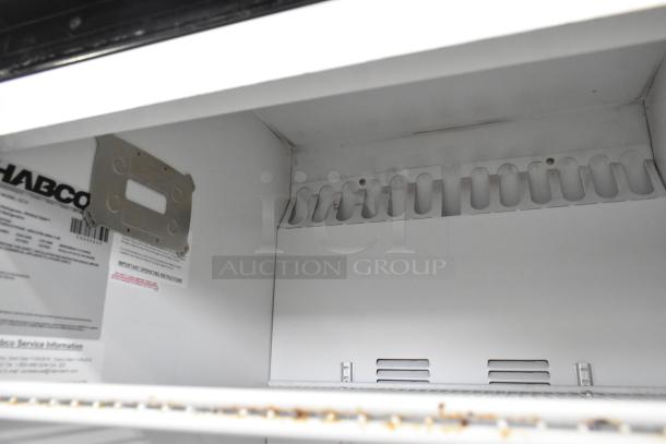 2019 Habco SE18 commercial cooler interior, showing shelf and label with operating instructions; 115V, 1-phase.