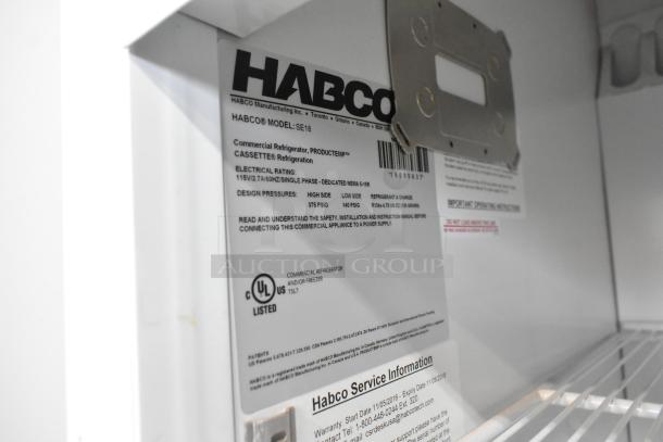 2019 Habco SE18 commercial cooler, single door, 115V, 1 phase, label shows model and electrical rating details.