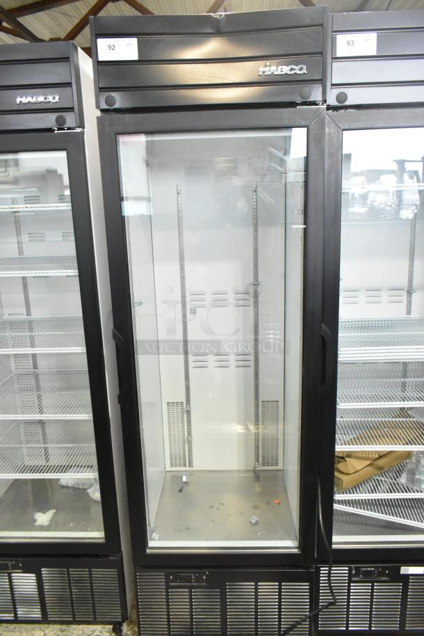 2019 Habco SE18 commercial single door reach-in cooler merchandiser, 115 volts, 1 phase, black frame, glass front.