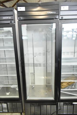 2019 Habco SE18 commercial single door reach-in cooler merchandiser, 115 volts, 1 phase, black frame, glass front.
