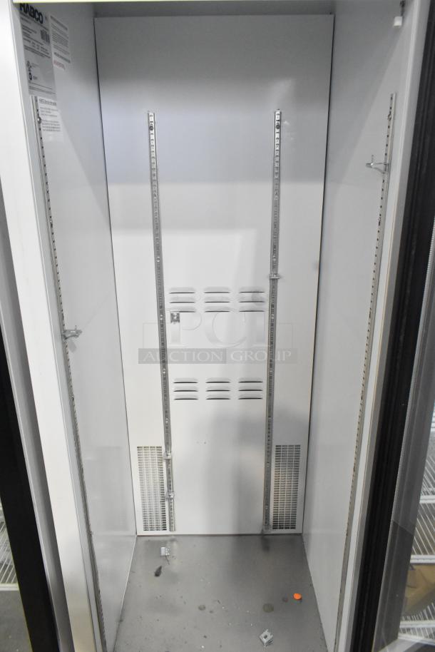 2019 Habco SE18 Commercial Cooler, single door, 115V, 1 phase, interior view, white with shelving tracks, clean condition.