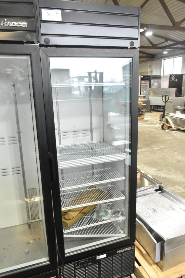 2019 Habco SE18HC commercial single door reach-in cooler, black frame, four shelves, clean interior, 115 volts, 1 phase.