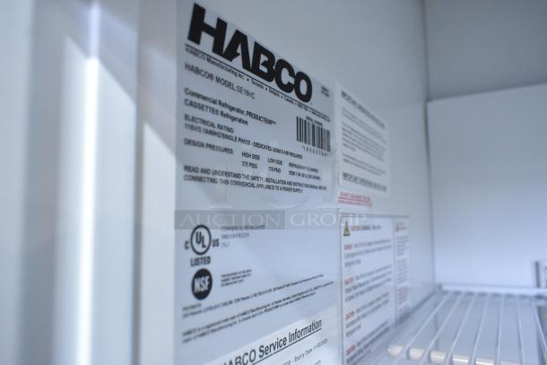 2019 Habco SE18HC Single Door Reach-In Cooler, 115V, 1 Phase. Labels show model, electrical rating, UL and NSF listed.
