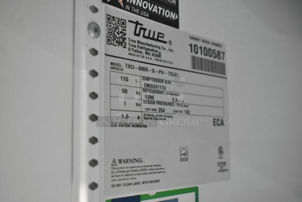 2021 True TSCI-600R-G-PH cooler label showing model, voltage 115, phase 1, refrigerant R290 details. Commercial use.