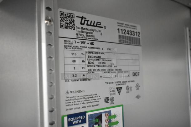 True T-19F-HC Commercial Freezer label showing specifications: 115V, 1 Phase, R290 refrigerant. Model and serial numbers visible.