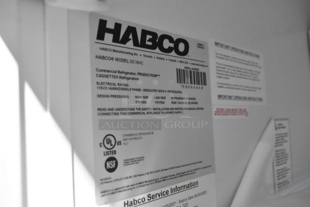 2019 Habco SE18HC commercial single door reach-in cooler label, showing model, electrical rating, and certifications.