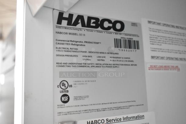 2019 Habco SE18 commercial cooler label, showing electrical rating, design pressures, and safety certifications.