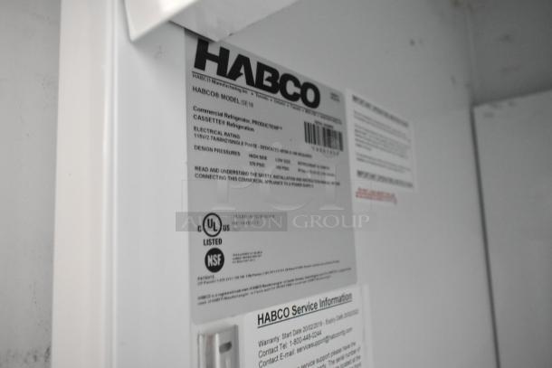 2019 Habco SE18 Single Door Reach-In Cooler, 115V, 1 Phase. Label shows specs, UL and NSF listed.