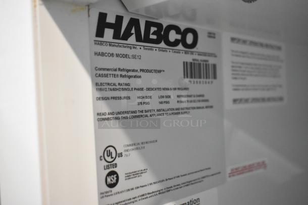 2019 Habco SE12 commercial cooler, single door, 115V, 1 phase. Features product label detailing electrical specs and pressure ratings.