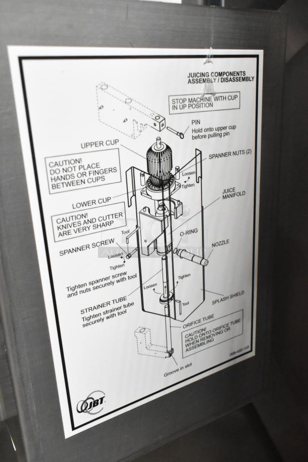 JBT Fresh N Squeeze commercial citrus juicer diagram detailing juicing components, assembly, and disassembly instructions.
