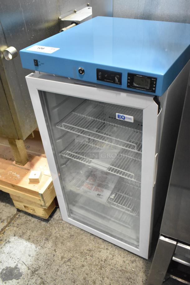 Accucold ACR32G metal mini cooler merchandiser with visible broken door, 115 volts, 1 phase; blue top, two shelves.