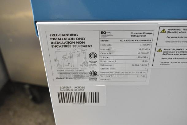Accucold ACR32G mini cooler tags, showing model, dimensions, voltage (115V), phase (1), and refrigerant (R600a, 1.27oz).