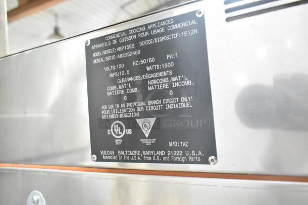 2023 Vulcan VBP15ES Commercial Heated Holding Cabinet label, showing model, voltage, and certification details.