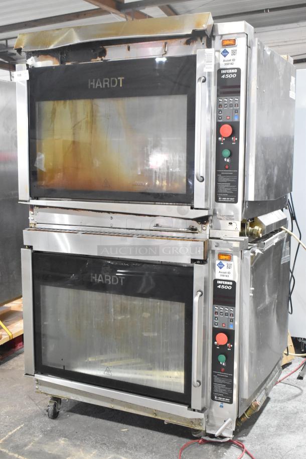 Hardt Inferno 4500 natural gas rotisserie ovens on casters, each with 40-bird capacity, 95,000-101,000 BTU, moderate wear.