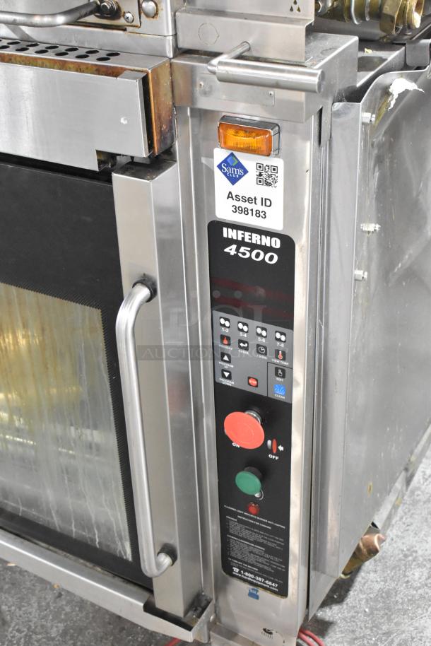 Hardt Inferno 4500 rotisserie oven, 40 bird capacity, natural gas, 95,000-101,000 BTU, commercial casters, asset ID tag visible.
