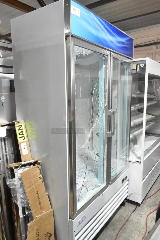 Brand new Avantco 178GDC40HCW 48" white merchandiser refrigerator. Notable broken glass in swing door. LED lighting, 115V, 1 phase.
