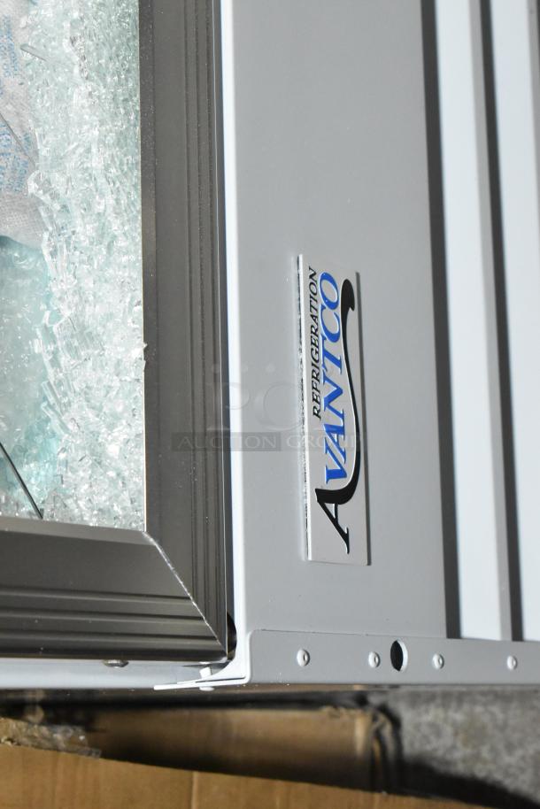 BRAND NEW Avantco 178GDC40HCW merchandiser fridge, 48", with a broken swing glass door; features LED lighting.