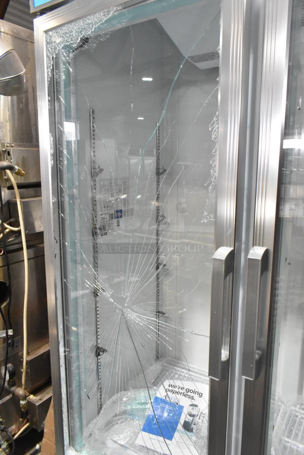 Brand new Avantco 178GDC40HCW 48" swing glass door refrigerator, broken glass, LED lighting, 115V, 1 phase, white.
