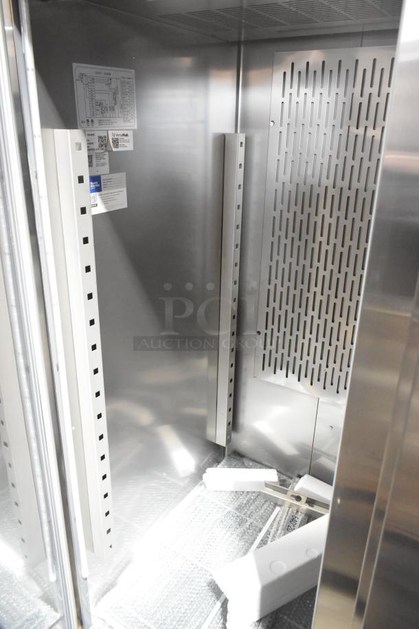 Brand new scratch and dent 2025 Avantco 178Z2RHC Commercial 2 Door Reach In Cooler, labeled diagram visible, 115V, 1 Phase.