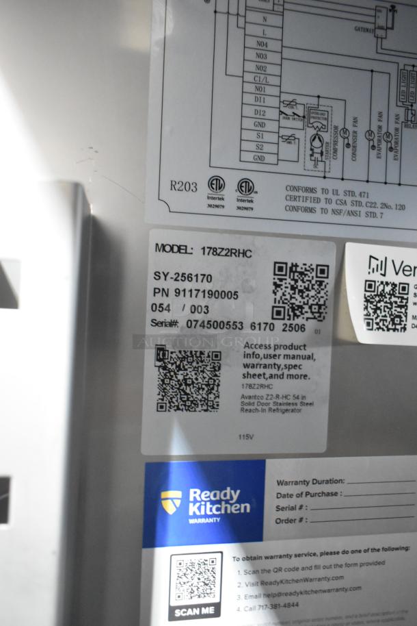 Alt text: "Avantco 178Z2RHC commercial cooler tag showing model and serial numbers, QR codes, and warranty information."