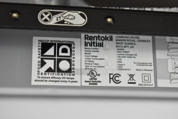 Rentokil 304856 Bug Zapper label, HACCP certified, 115V, 12W, IP65, made in 2024 for household/commercial use.