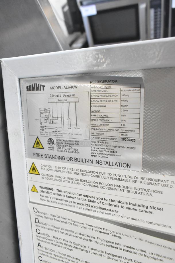 Summit ALR46W Mini Cooler label showing specifications: 115V, automatic defrost, 0.99oz R600A refrigerant, 65 lbs.