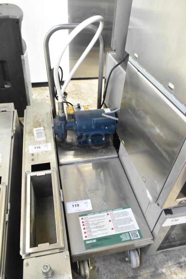 Frontline 10SS stainless steel commercial oil filtration system on casters, labels indicate safety instructions and model details.