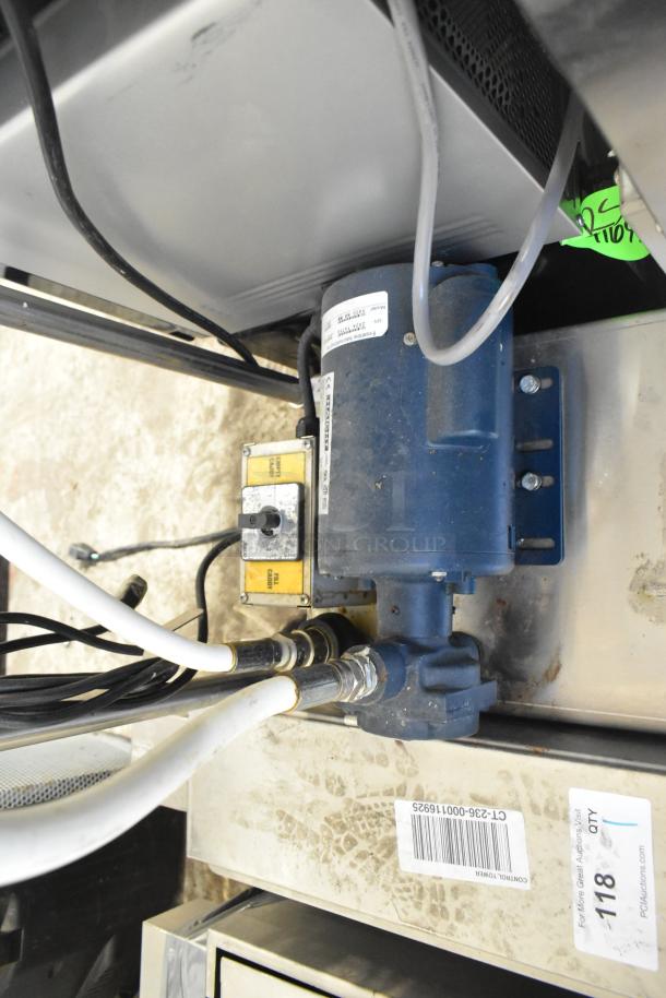 Frontline 10SS stainless steel commercial oil filtration system with attached control panel and commercial casters, model tag visible.