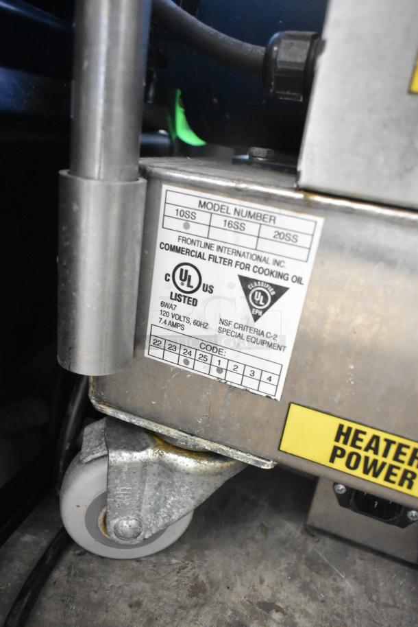 Frontline 10SS stainless steel oil filtration system, on commercial casters, with UL and NSF labels, 120V, 7.4A.