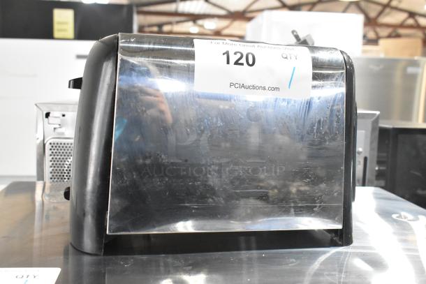 Countertop 2 Slot Toaster, 115 Volts, features stainless steel finish, visible wear. Auction tag with lot number 120 attached.