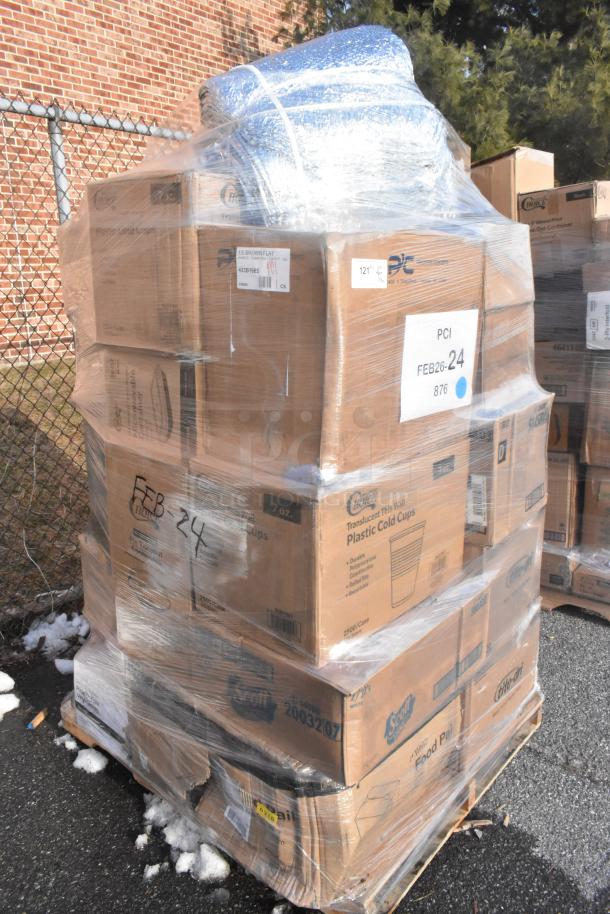 Pallet of 30 new scratch and dent items including gloves, takeout containers, trash bags, hot cups. Wrapped in plastic.