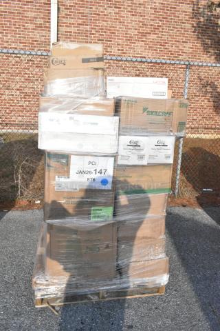 Pallet of 38 new scratch and dent boxes including takeout containers, knives, T-shirt bags, and napkins. Lot JAN26-147.