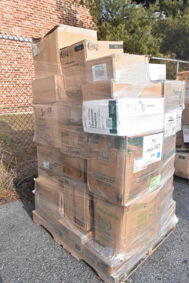 Shrink-wrapped pallet with 38 boxes of new scratch and dent items: take-out containers, knives, T-shirt bags, napkins.
